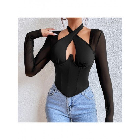 Ladies Halter Black Long Sleeve Tops