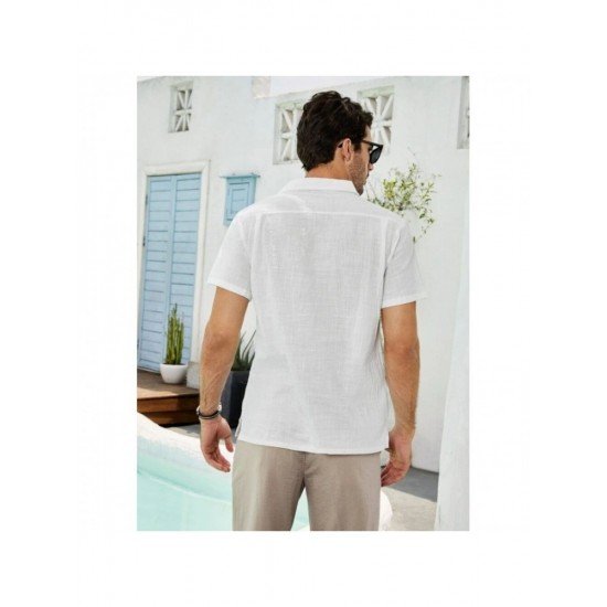  Men's Linen Pure Color Lace Up Short Sleeve Shirts