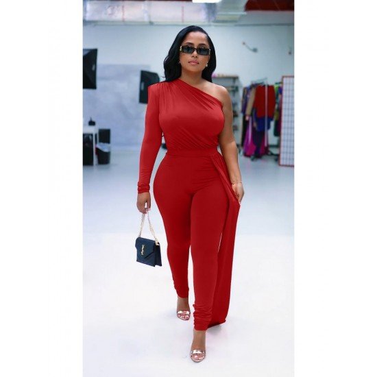  Pure Color Oblique Shoulder Casual Jumpsuit