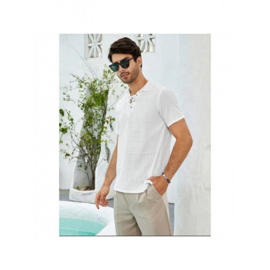  Men's Linen Pure Color Lace Up Short Sleeve Shirts