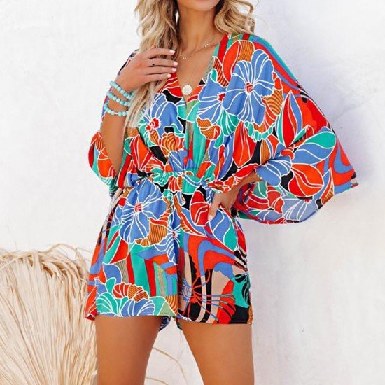 V Neck Printed Loose Women Rompers