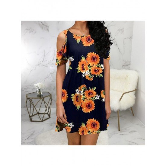 Casual Summer Sunflower Pattern Cold Sleeve Dress