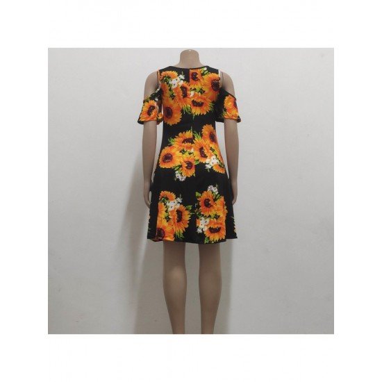 Casual Summer Sunflower Pattern Cold Sleeve Dress