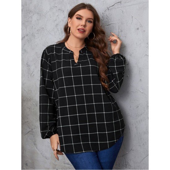 Grid Puff Sleeve Loose Black Plus Size Blouse