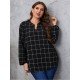 Grid Puff Sleeve Loose Black Plus Size Blouse