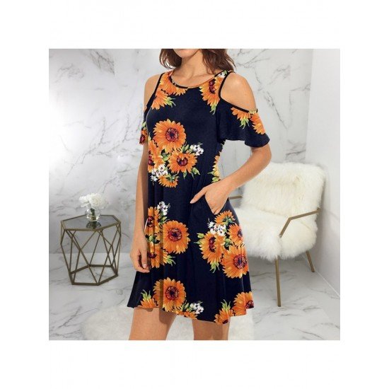 Casual Summer Sunflower Pattern Cold Sleeve Dress