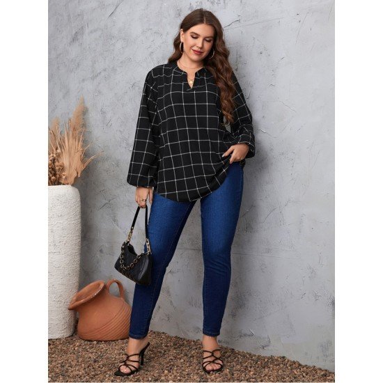 Grid Puff Sleeve Loose Black Plus Size Blouse