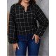 Grid Puff Sleeve Loose Black Plus Size Blouse