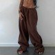 Brown Vintage Wide Leg Drawstring Long Pants