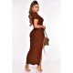  Pure Color Round Neck Drawstring Split Hem Long Dress