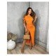  Pure Color Round Neck Drawstring Split Hem Long Dress