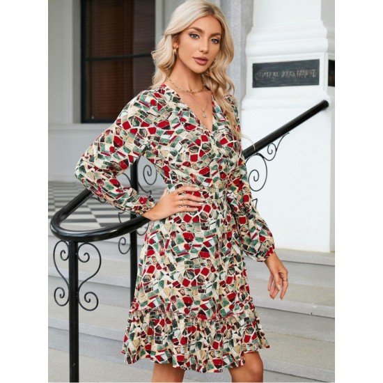  Casual V-Neck Printing Women's Long Sleeve Dress