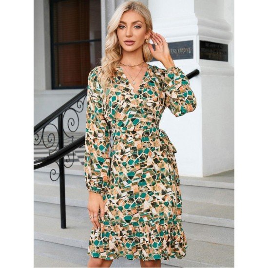  Casual V-Neck Printing Women's Long Sleeve Dress