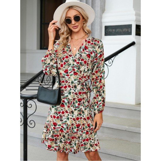  Casual V-Neck Printing Women's Long Sleeve Dress