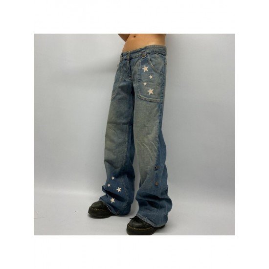 Y2K Style Star Straight Leg Low Rise Blue Jeans