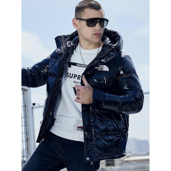 Glossy Loose Color Block Hooded Mens Puffer Jacket