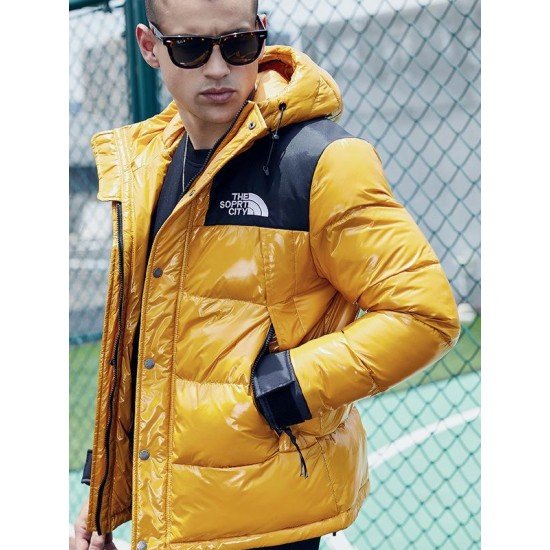 Glossy Loose Color Block Hooded Mens Puffer Jacket