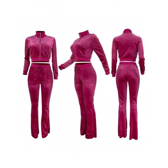  Pure Color Zipper Hooded Women's Casual Suits