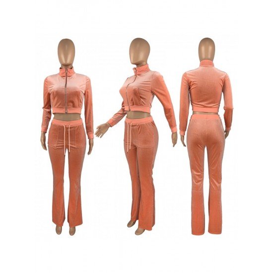  Pure Color Zipper Hooded Women's Casual Suits