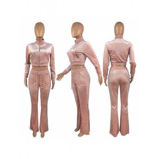  Pure Color Zipper Hooded Women's Casual Suits