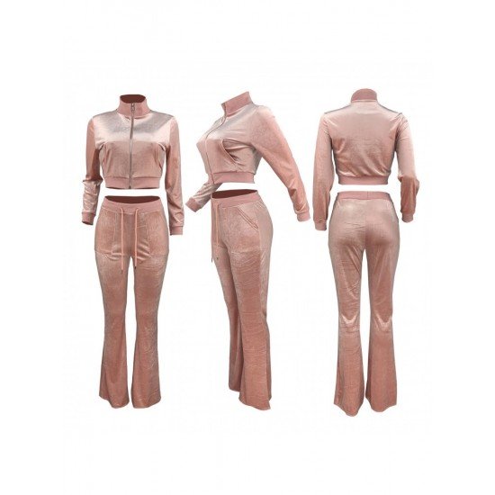  Pure Color Zipper Hooded Women's Casual Suits