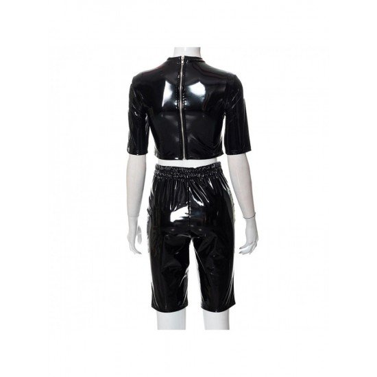  PU Leather Tight Top And Shorts Women's Sets