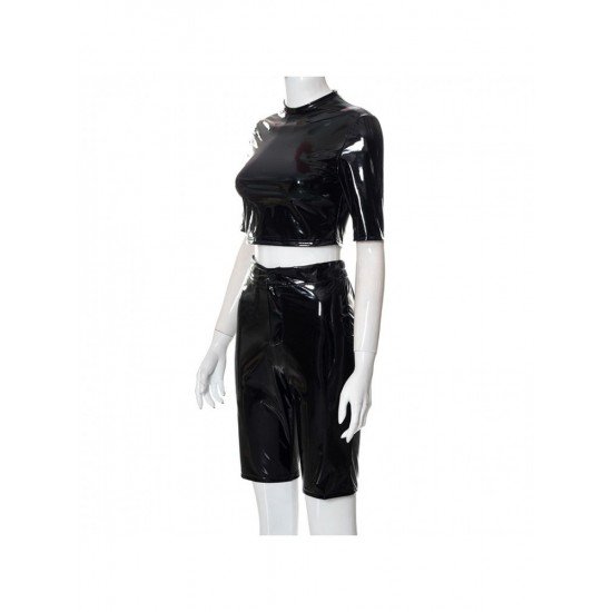  PU Leather Tight Top And Shorts Women's Sets