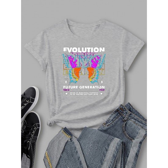 Butterfly Pattern White Crew Neck Short Sleeve T Shirts