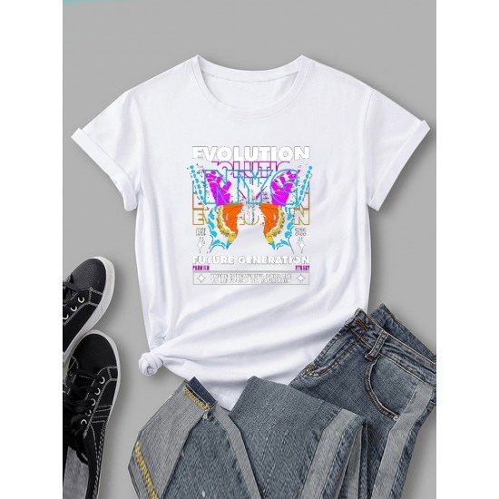 Butterfly Pattern White Crew Neck Short Sleeve T Shirts