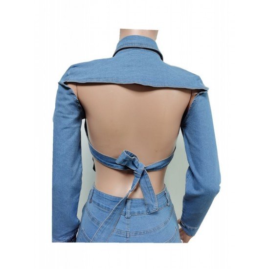 Tie Wrap Denim Backless Matching Short And Top Sets