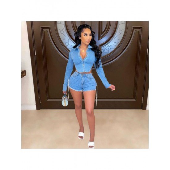 Tie Wrap Denim Backless Matching Short And Top Sets