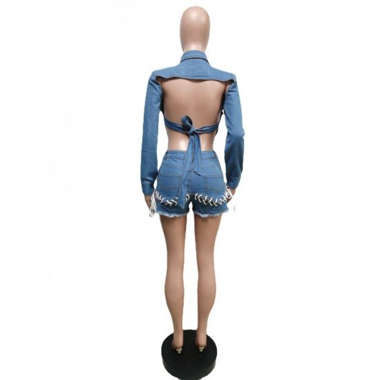 Tie Wrap Denim Backless Matching Short And Top Sets