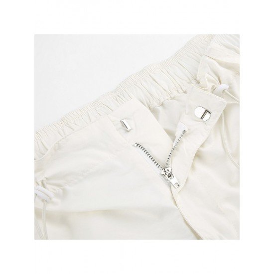 Summer White Solid Drawstring Cargo Trousers