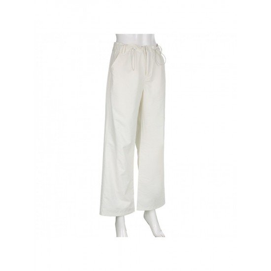 Summer White Solid Drawstring Cargo Trousers