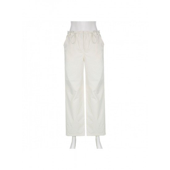 Summer White Solid Drawstring Cargo Trousers