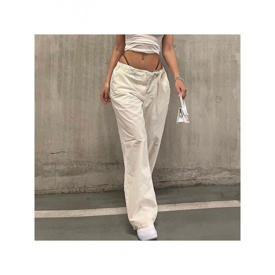 Summer White Solid Drawstring Cargo Trousers