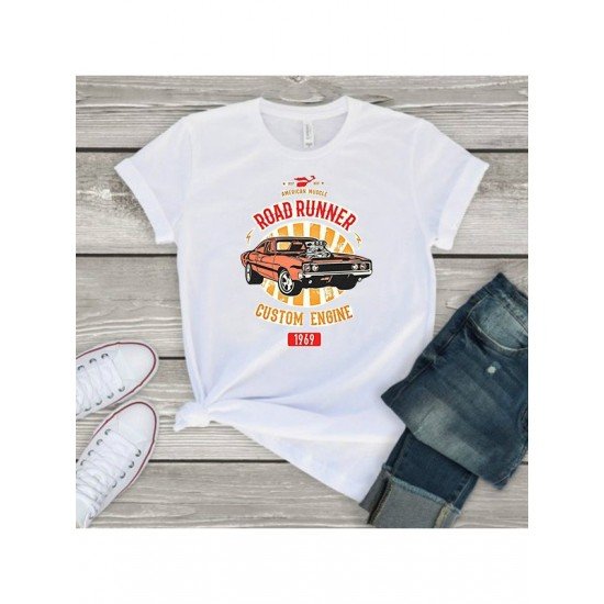 White Car Graphic Summer T Shirt Tops