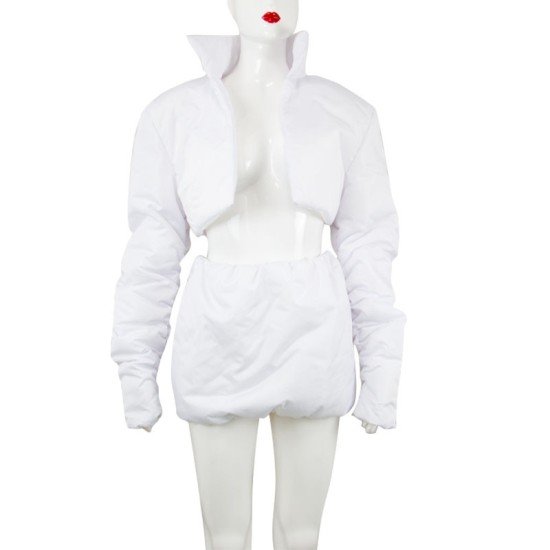 Ruched White Matching Down Coat And Skirt Sets