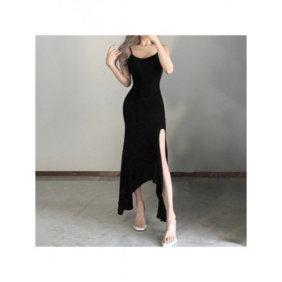 Ladies Slit Black Spaghetti Straps Maxi Dress