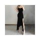 Ladies Slit Black Spaghetti Straps Maxi Dress