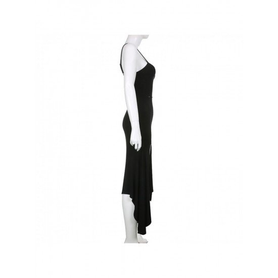 Ladies Slit Black Spaghetti Straps Maxi Dress