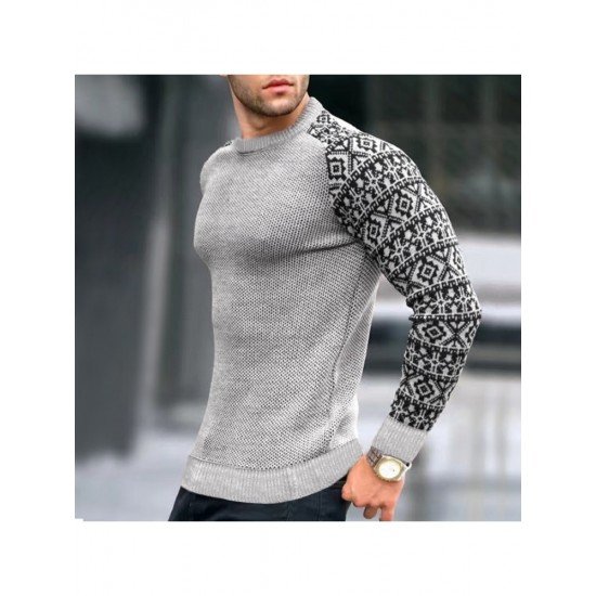  Autumn Men's Printed Knitting Colorblock Sweater