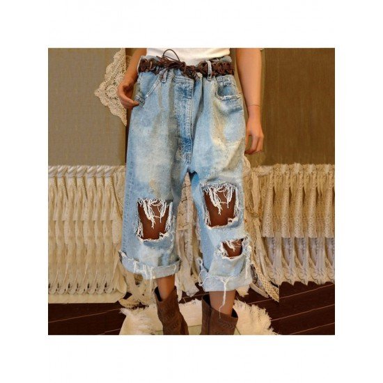  Casual Pure Color Ripped Jeans For Women