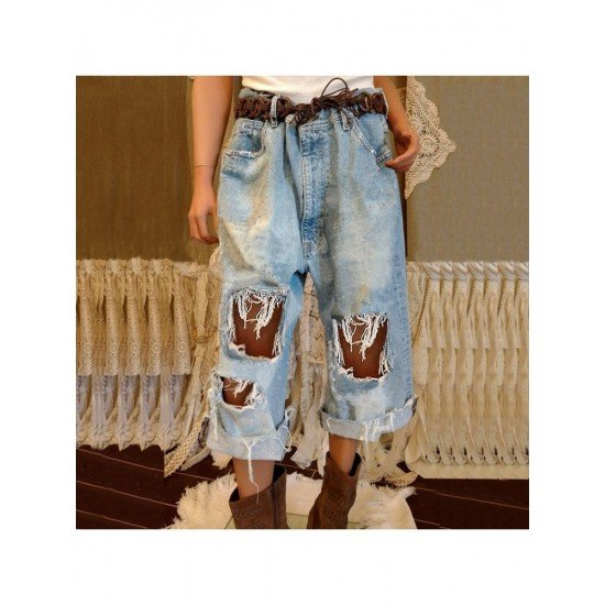  Casual Pure Color Ripped Jeans For Women