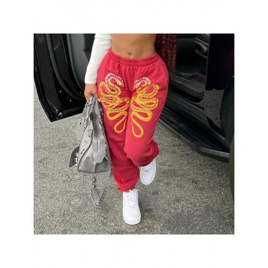 Sports Snake Printed Elastic Waist Trousers For Women