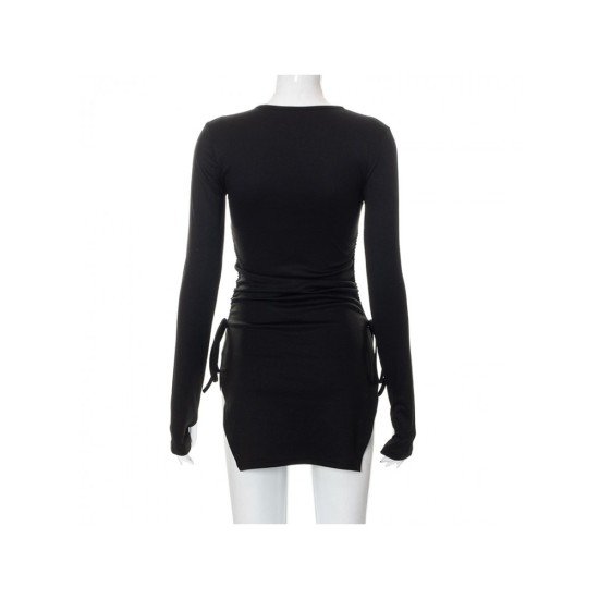 Sexy Black Slit Ruched Long Sleeve Mini Dress