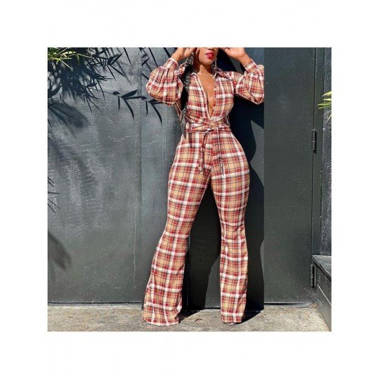  Casual Lantern Neck Plaid Women's Two-Piece Set