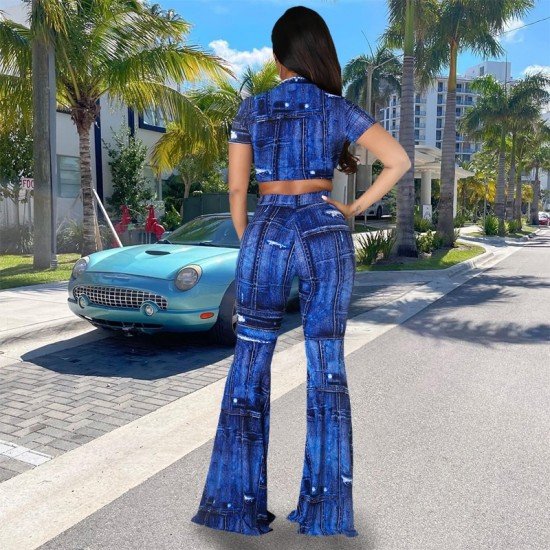  Women's Fashion Printing Crop Top Trouser Sets