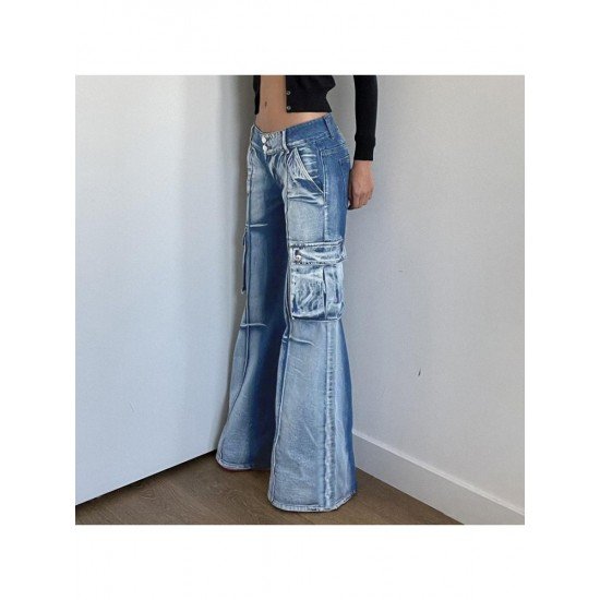 Designer Blue Wide Leg Low Rise Jean Pants