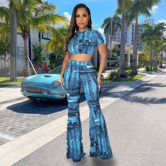  Women's Fashion Printing Crop Top Trouser Sets